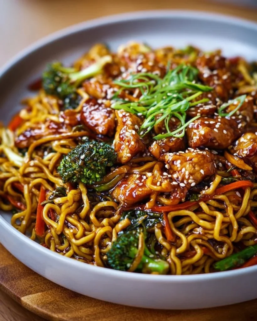 Delicious sticky garlic chicken noodles topped with fresh herbs in a bowl.