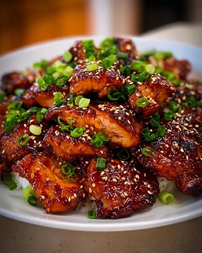 Sticky honey gochujang chicken garnished and ready to serve