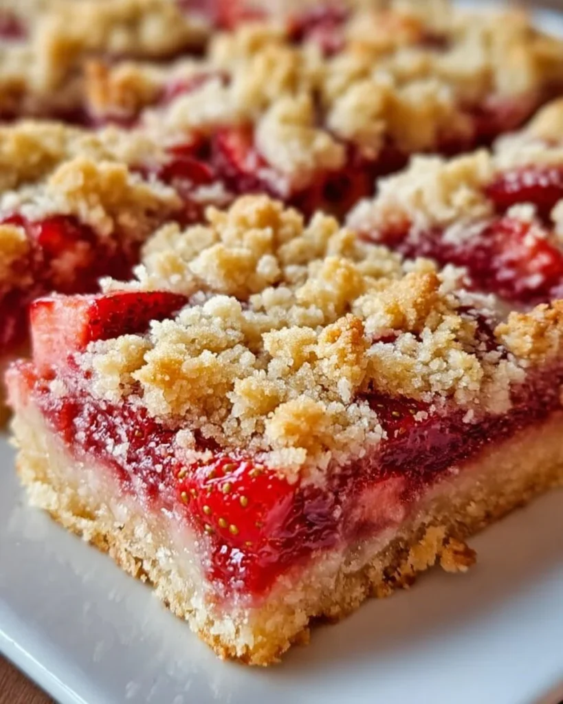 Delicious Strawberry Rhubarb Crumb Bars on a plate, garnished with fresh strawberries.