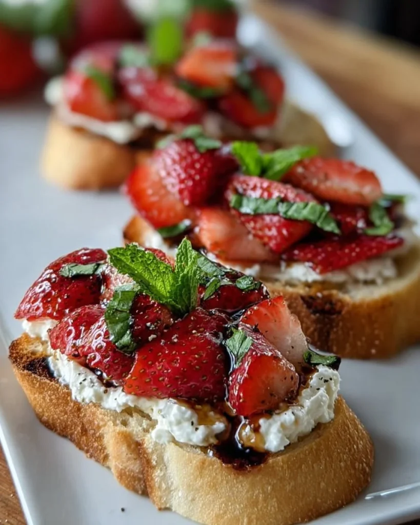 Strawberry Ricotta Bruschetta topped with fresh strawberries and creamy ricotta cheese