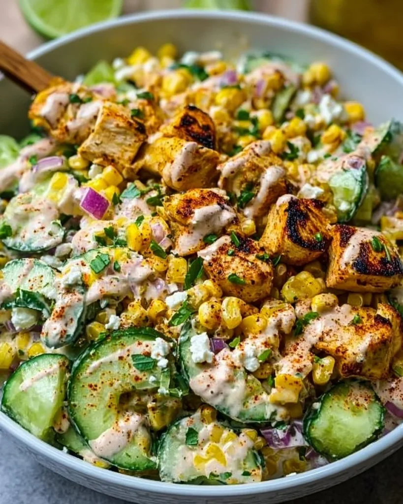 Creamy cucumber chicken salad with street corn, a delicious summer recipe.