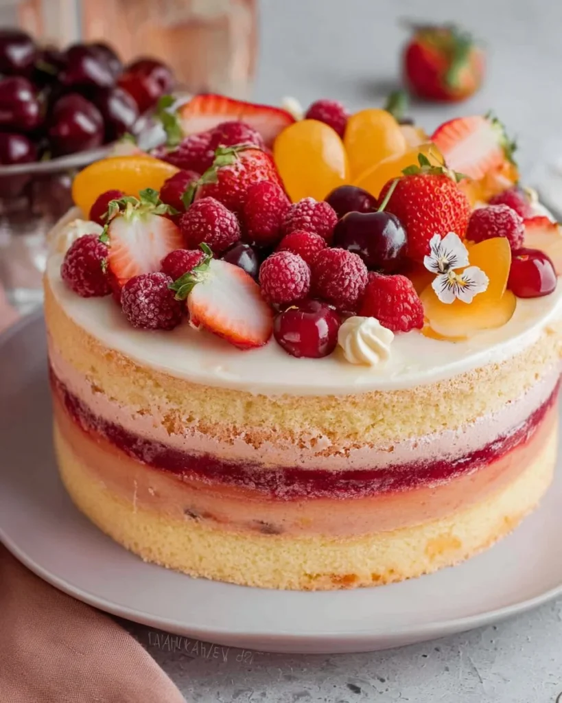 Delicious Summer Fruit Sangria Cake with fresh fruits and vibrant colors