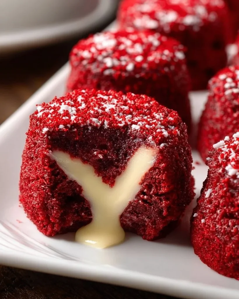 Delicious red velvet brownie bites on a decorative plate.