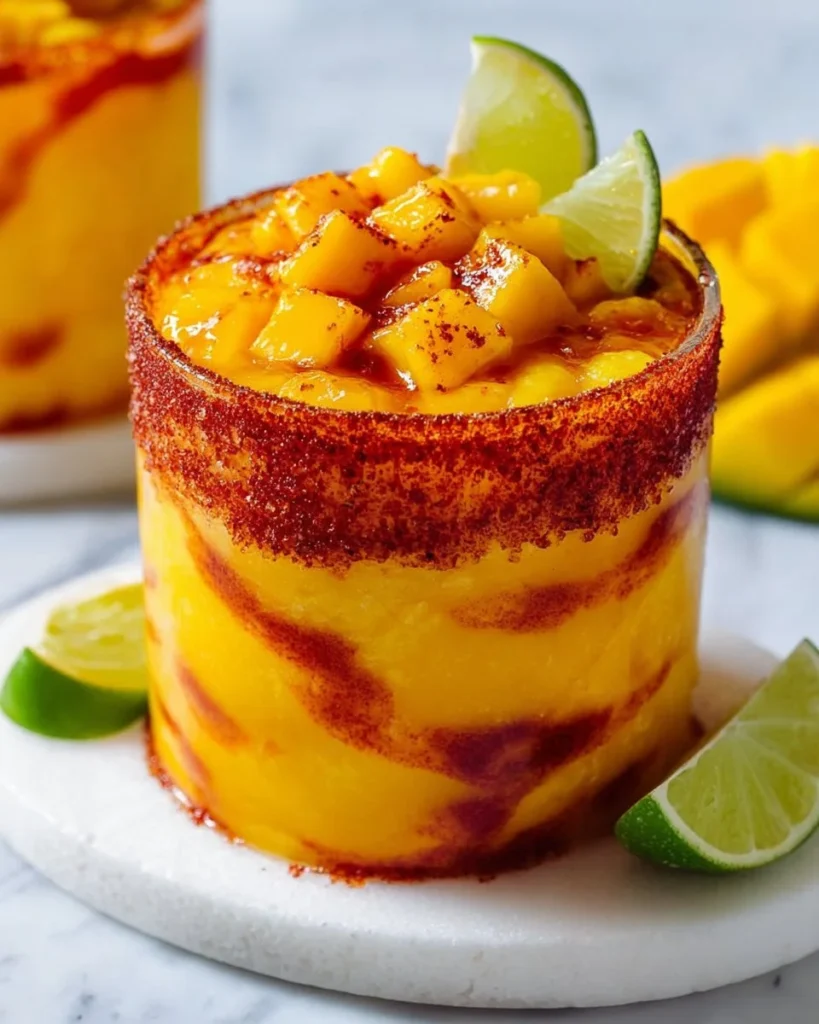 Homemade mangonada served in a glass with mango slices and chamoy sauce