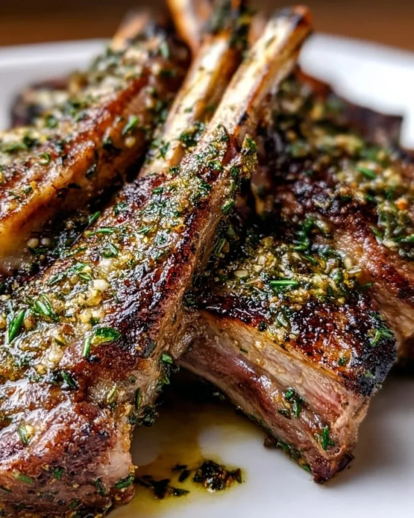 Delicious garlic butter lamb ribs with crispy edges and herbs