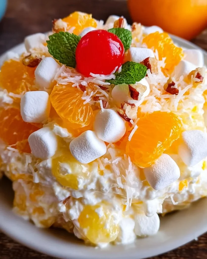 Delicious Ambrosia Salad with fruits and nuts in a creamy dressing
