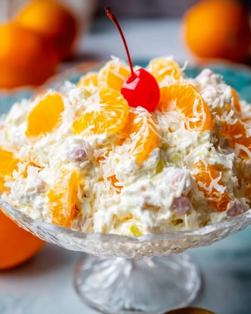 Bowl of Ambrosia Salad with fruit and whipped cream