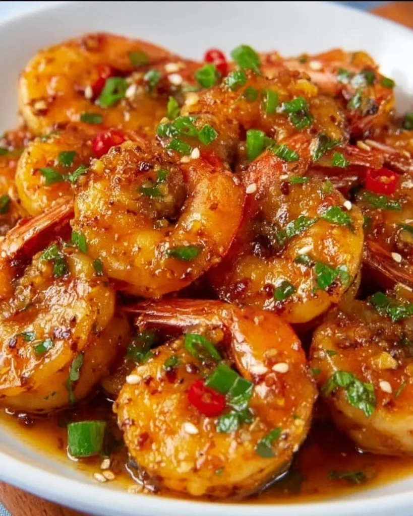 Plate of Asian Garlic Shrimp garnished with herbs
