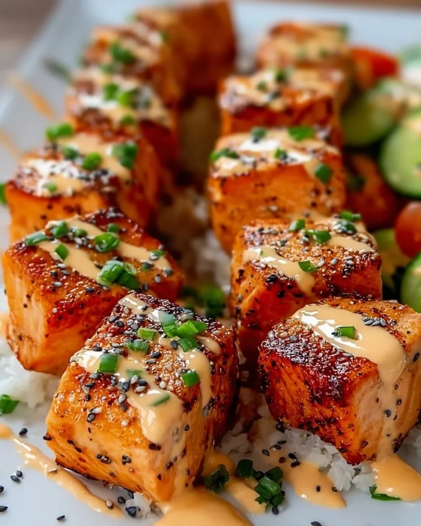 Bowls of Bang Bang Salmon Bites served with fresh ingredients