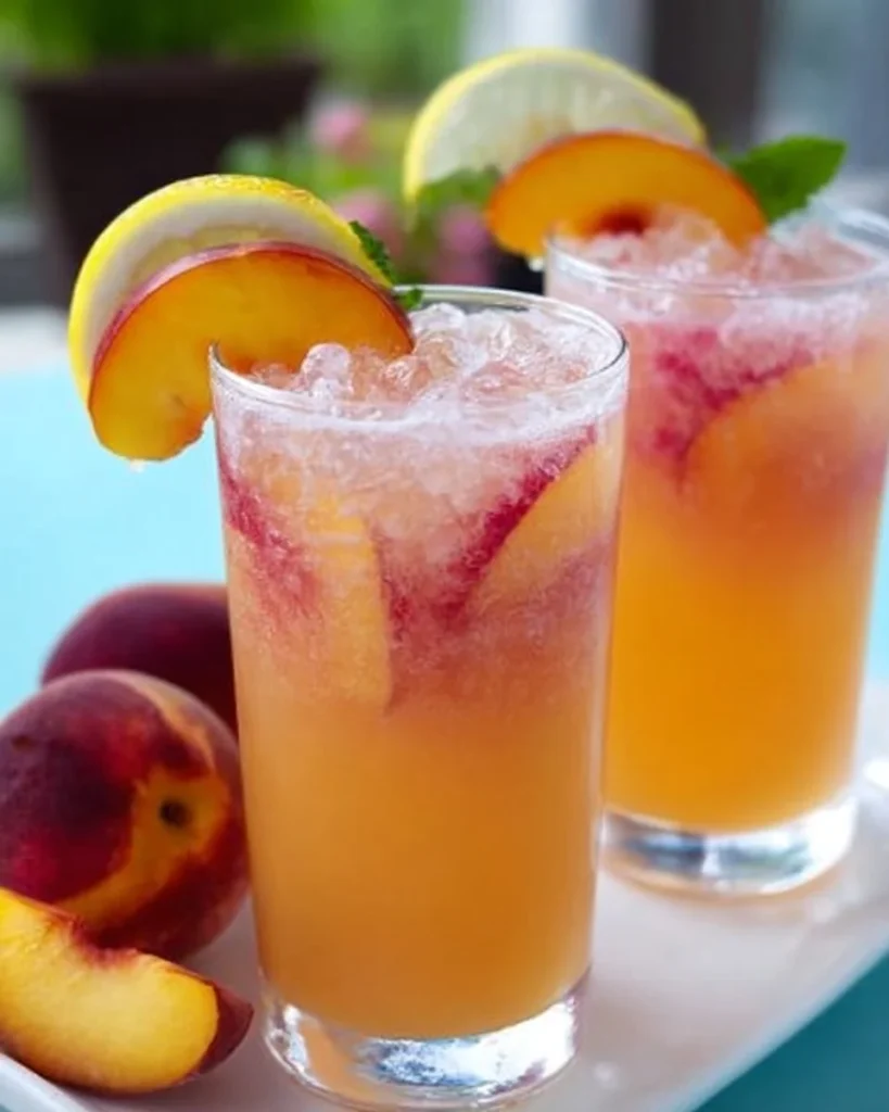 Refreshing Beach Peach Lemonade served in a glass with peach slices and lemon.