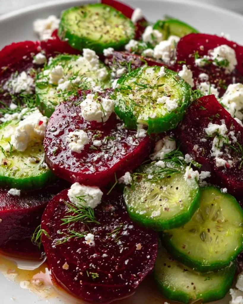 Delicious beet salad with feta, cucumbers, and fresh dill served in a bowl.