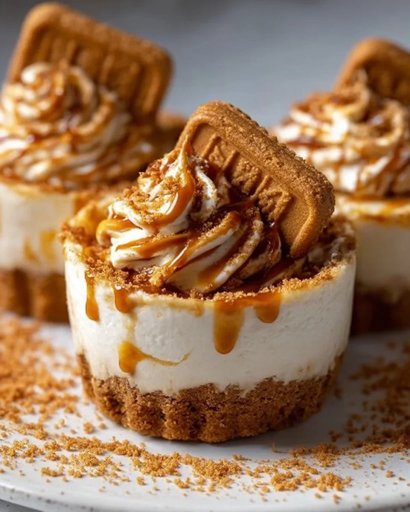 Delicious Biscoff Cheesecake Cups topped with cookie crumbles and caramel