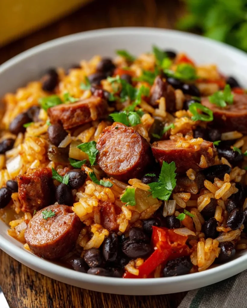 Delicious Black Beans and Rice with Sausage on a plate garnished with herbs