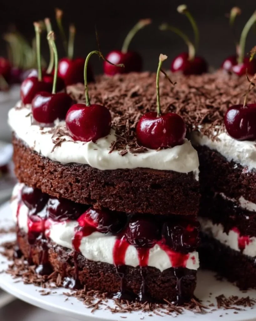 Delicious Black Forest Cake with chocolate layers, whipped cream and cherries on top