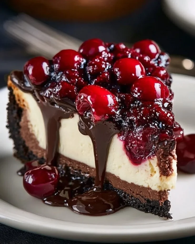 Delicious Black Forest Cheesecake topped with cherries and chocolate shavings