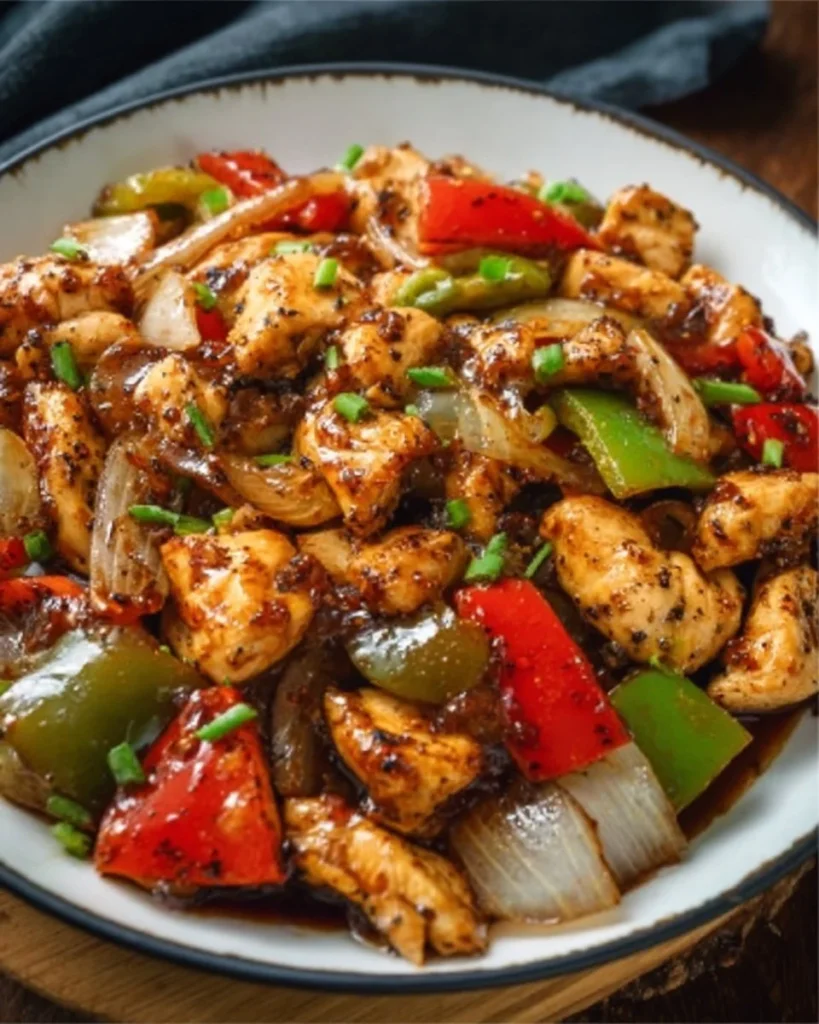 Delicious black pepper chicken stir-fry with vibrant vegetables.
