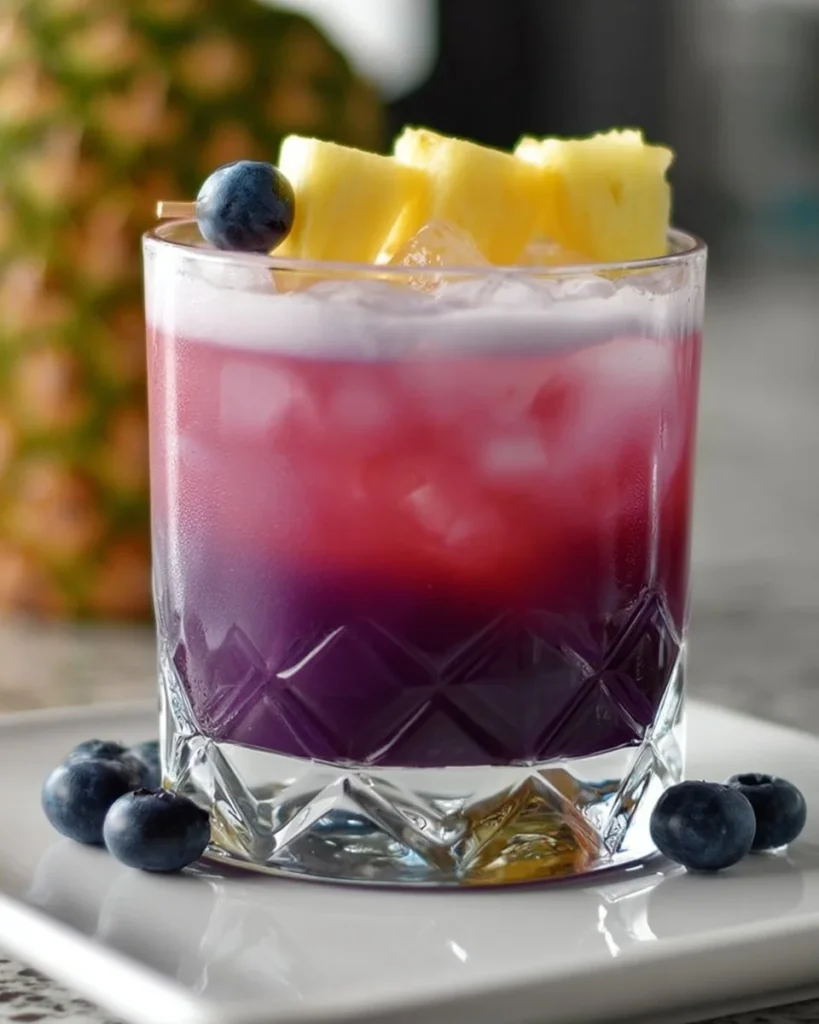 Blueberry Pineapple Tequila Sour cocktail topped with fresh blueberries.