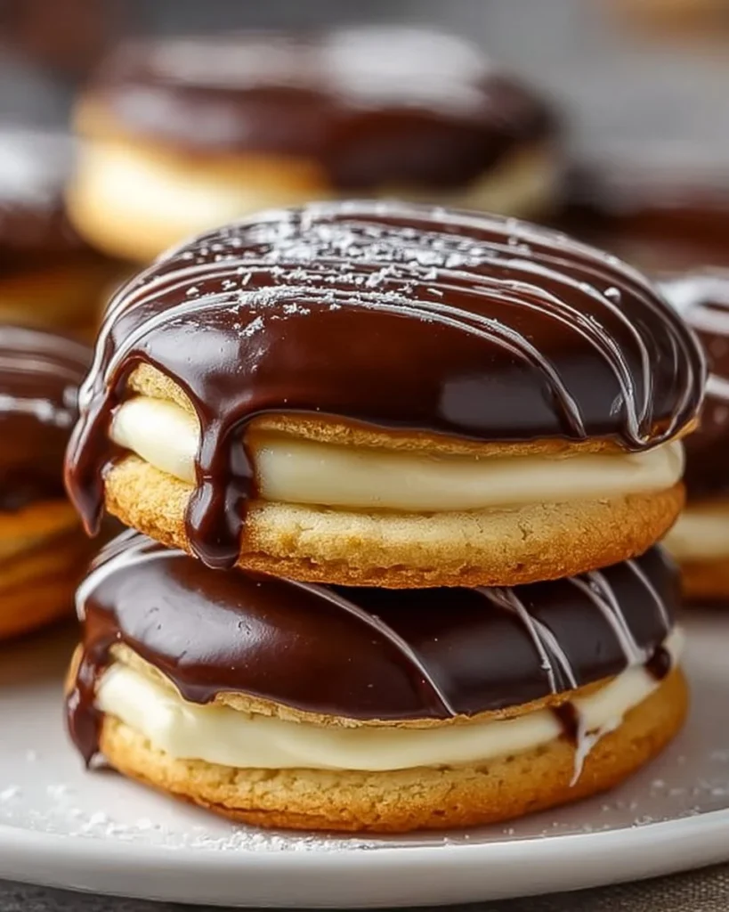 Delicious Boston Cream Pie Cookies topped with chocolate and creamy filling