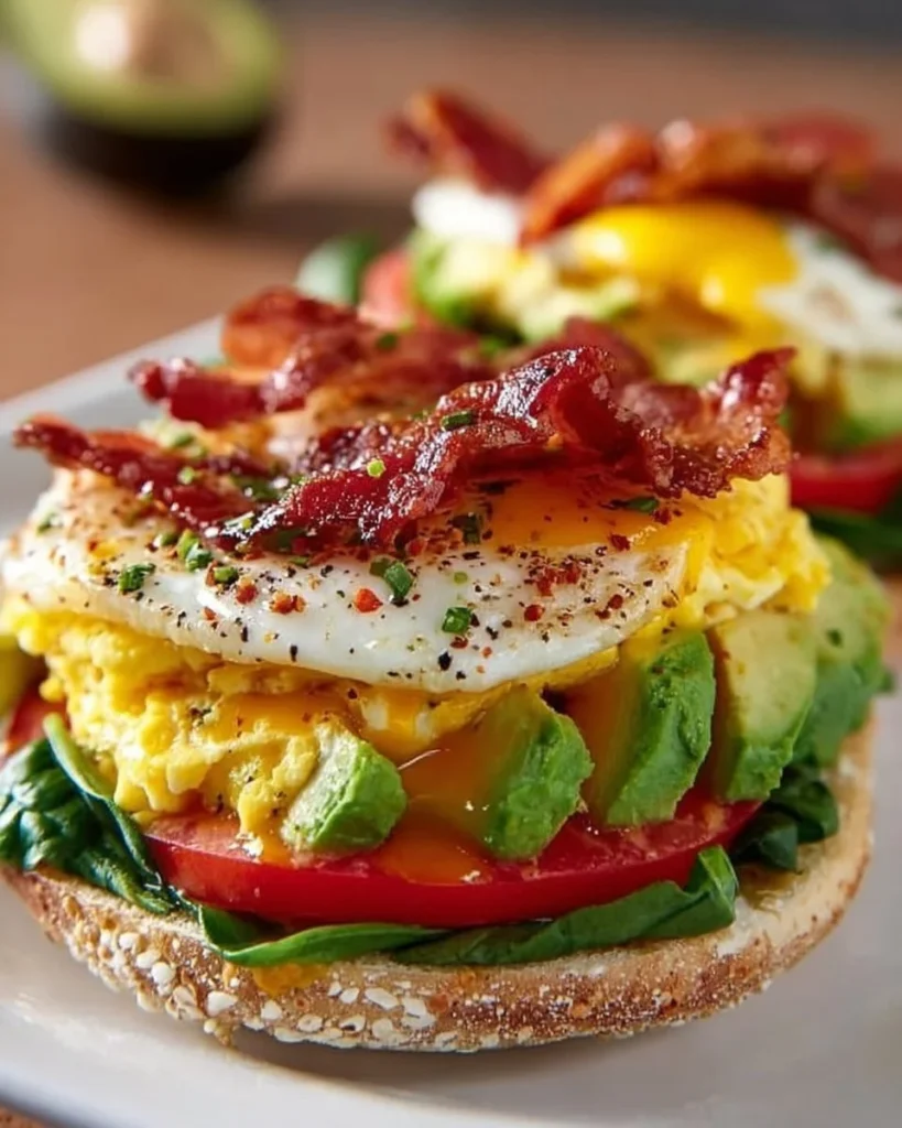 Delicious breakfast sandwich featuring fresh avocado and egg on toasted bread