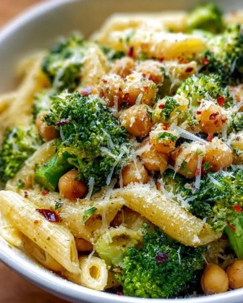 Delicious Broccoli Chickpea Pasta with Garlic Olive Oil served in a bowl