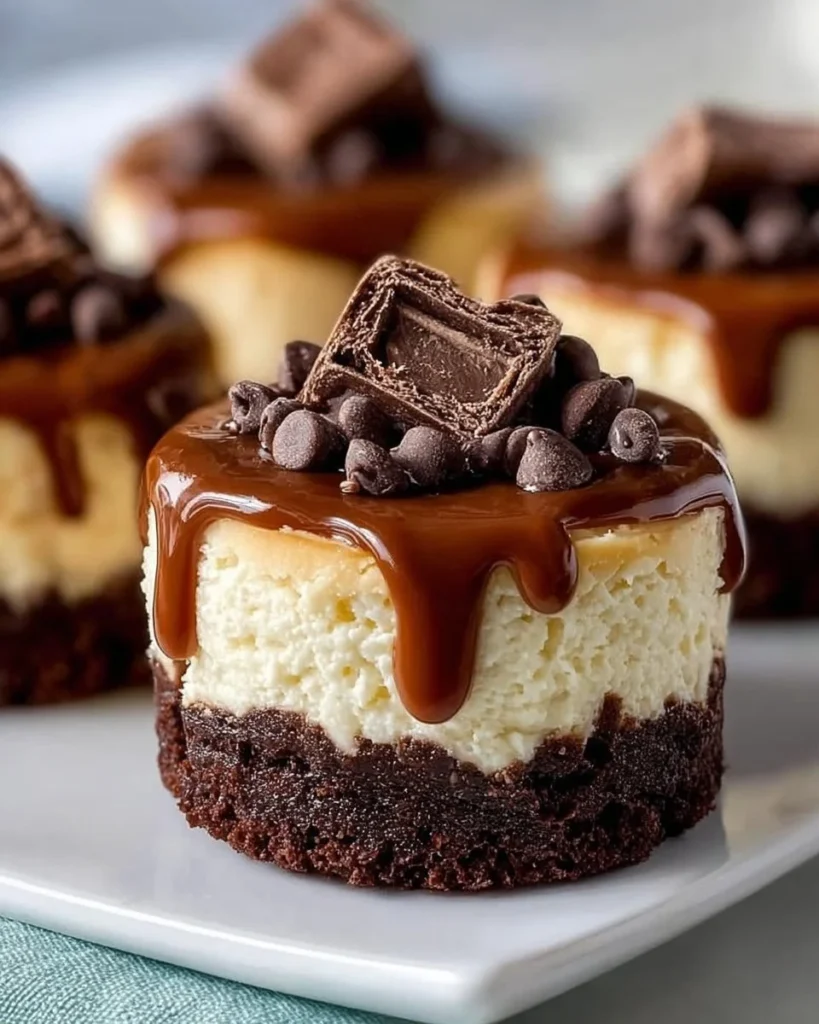 Brownie Bottom Mini Cheesecakes with chocolate crust and creamy topping