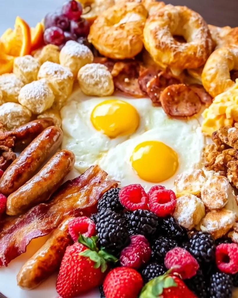 Delicious brunch platter with a variety of fresh fruits, pastries, and savory delights
