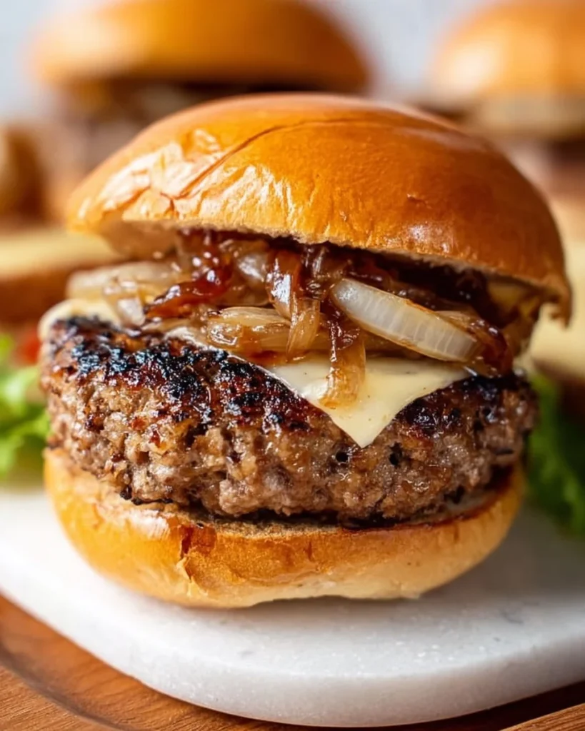 Juicy caramelized onion burger with melted cheese and fresh toppings