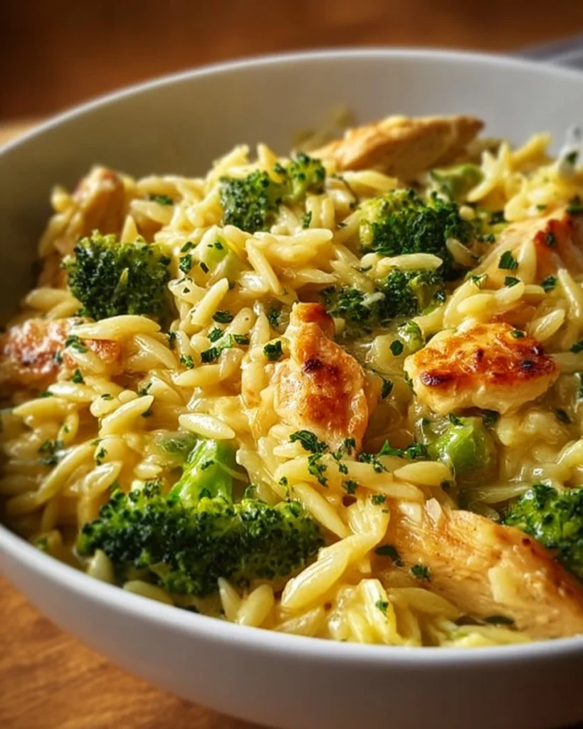 Creamy Cheesy Chicken Broccoli Orzo dish served in a bowl