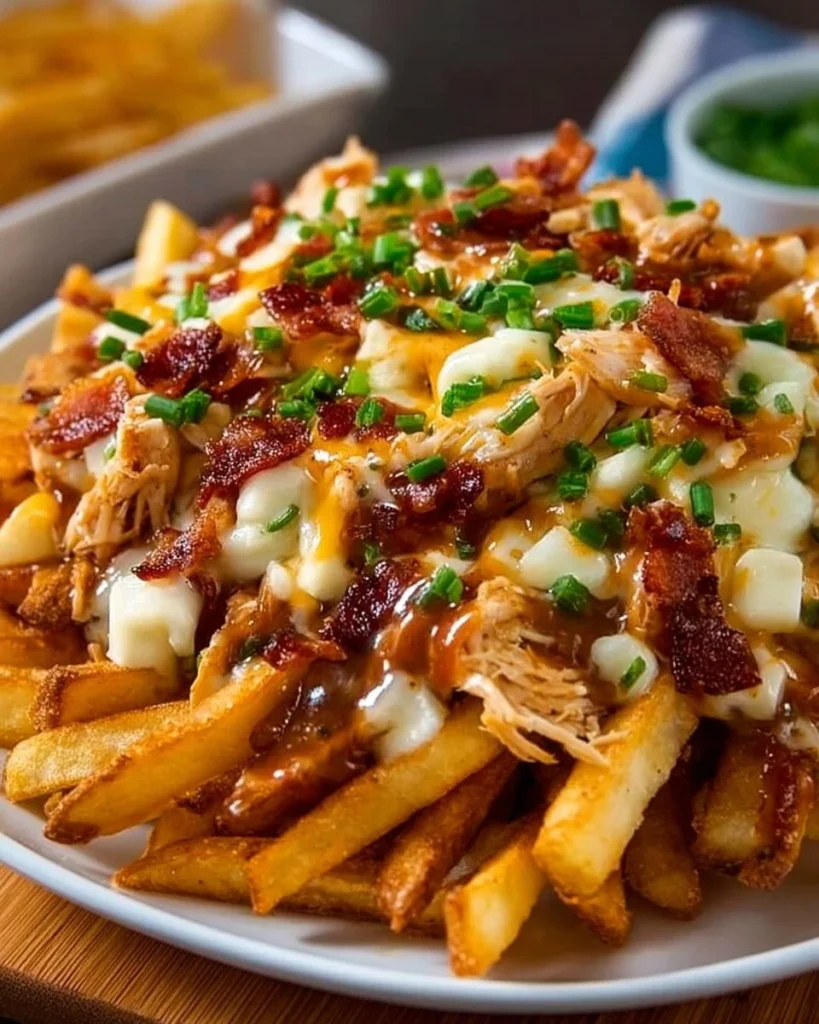 Chicken and cheese poutine topped with gravy and fresh herbs