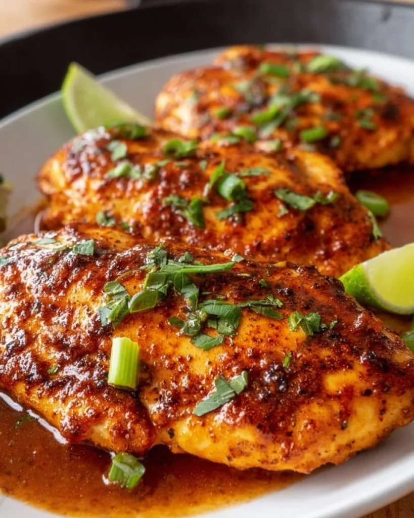 Delicious Chicken Diablo with spicy sauce and garnishes.