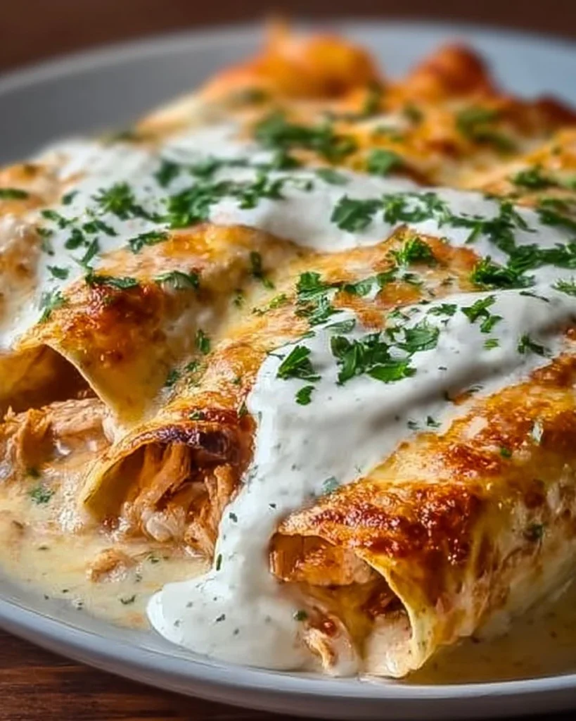 Delicious chicken enchiladas topped with sour cream white sauce