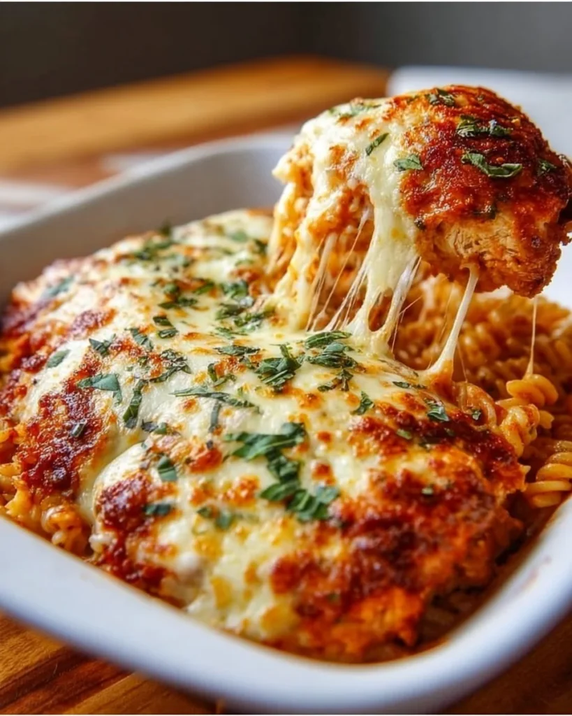 Delicious Chicken Parmesan Casserole baked with mozzarella and marinara sauce.