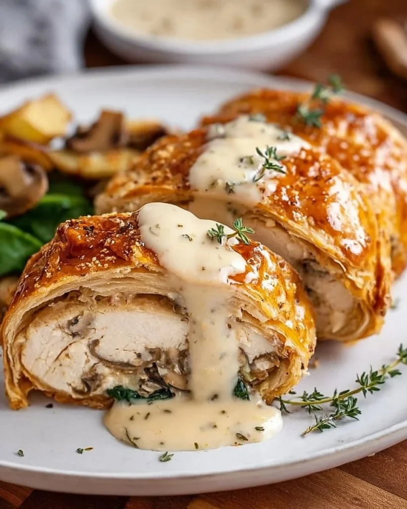 Chicken Wellington with creamy Dijon sauce, plated elegantly for a gourmet meal.