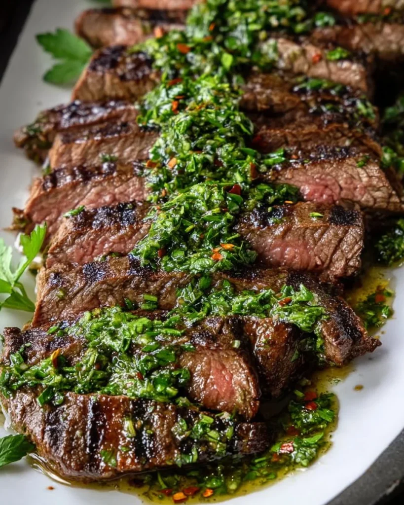 Homemade Chimichurri Sauce in a bowl, garnished with fresh herbs.