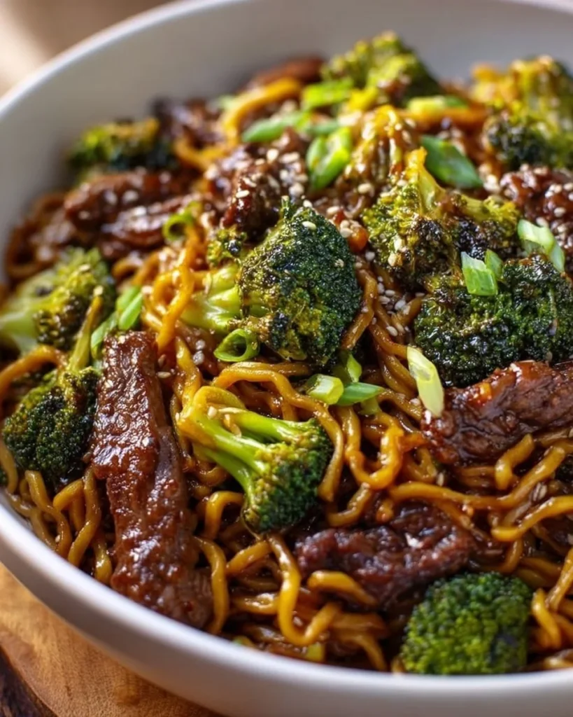 Chinese crispy beef and broccoli noodles served in a bowl