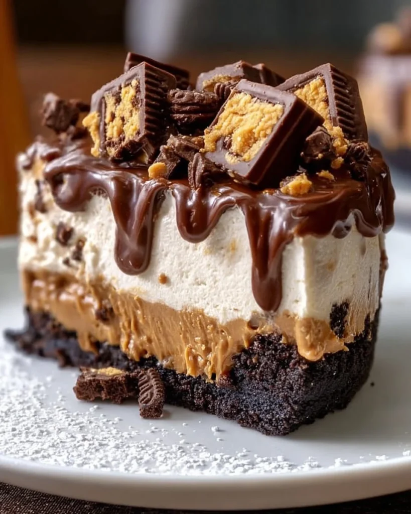 Deliciously layered Chocolate Peanut Butter Pie served on a white plate