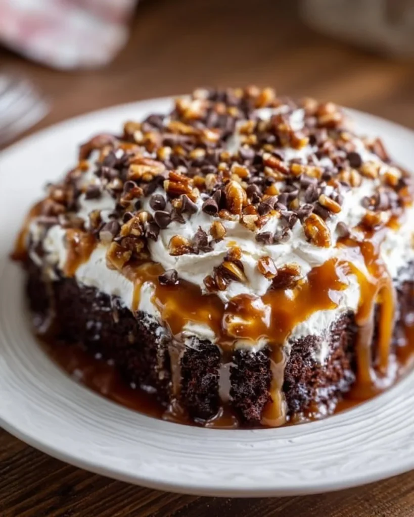 A delicious Chocolate Turtle Cake topped with caramel and pecans on a white plate.
