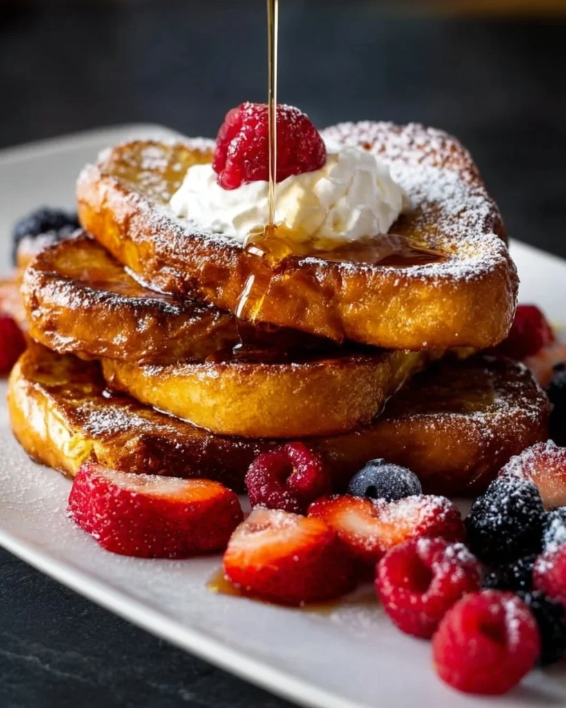Cinnamon-sugar-crusted French toast topped with syrup and berries