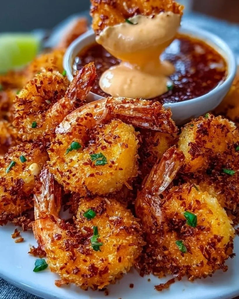 Plate of crispy coconut shrimp with a tropical dipping sauce