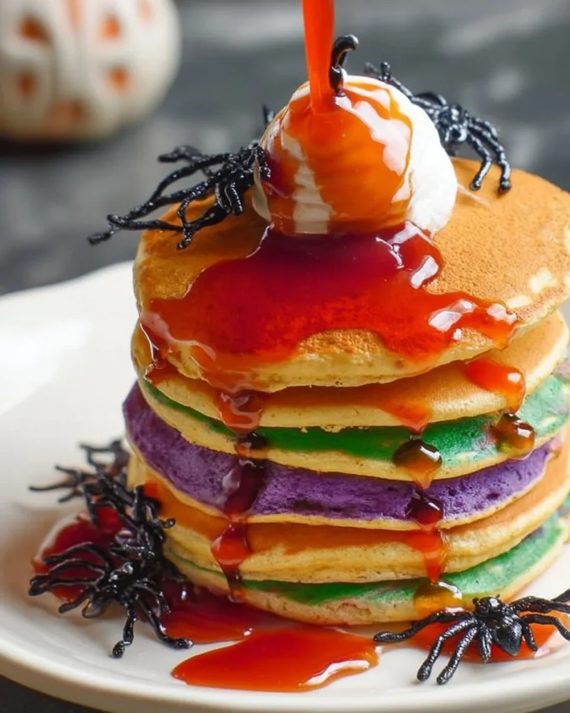 Colorful Halloween pancakes decorated with spooky designs for festive breakfast.