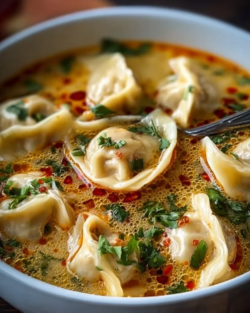 Bowl of comforting Thai Potsticker Soup with vibrant vegetables and dumplings