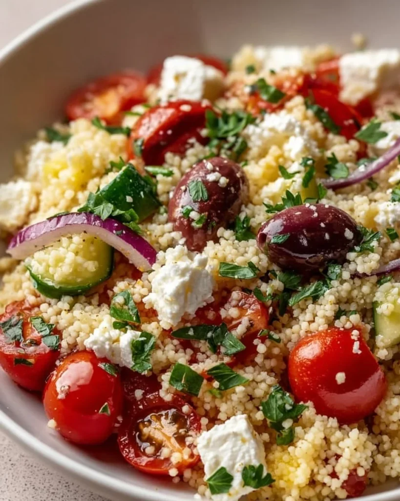 Couscous salad with olives and feta cheese in a vibrant bowl