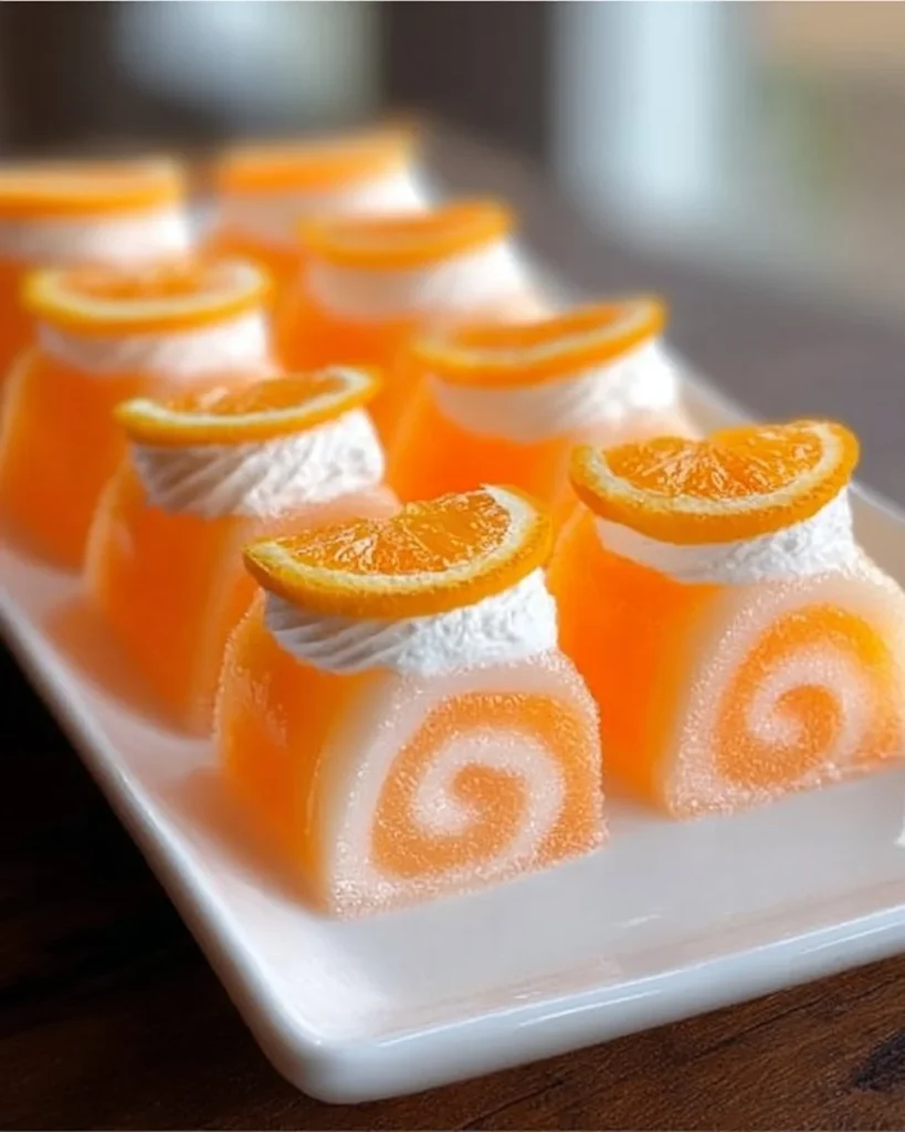 Creamsicle Vodka Jello Rollups on a platter for summer parties.
