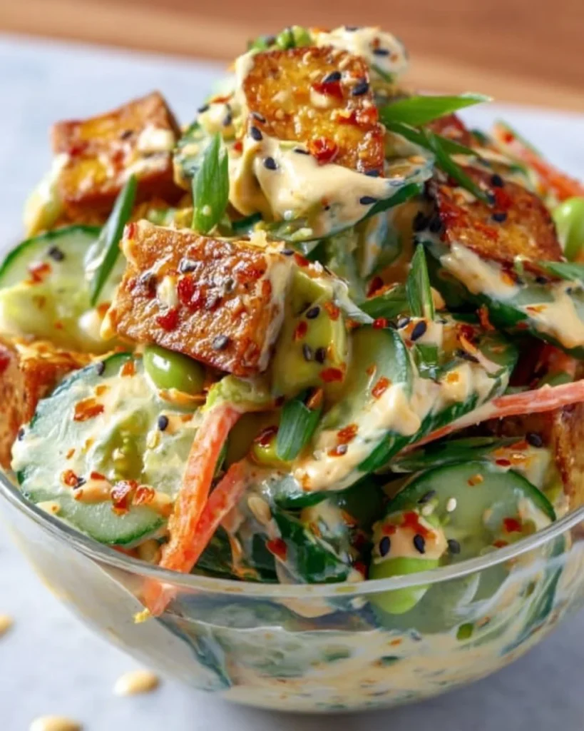 Creamy Asian cucumber salad bowl with fresh vegetables