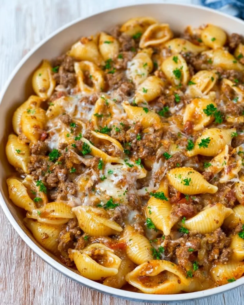 Delicious creamy beef and shells dish served in a bowl