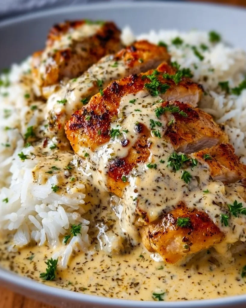 Creamy chicken and rice dish served in a bowl with fresh herbs and vegetables
