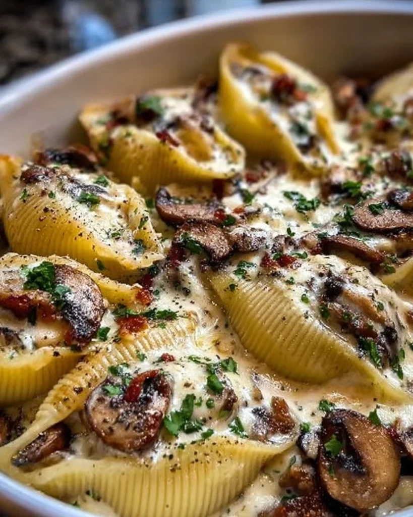 Creamy garlic mushroom stuffed shells served on a plate
