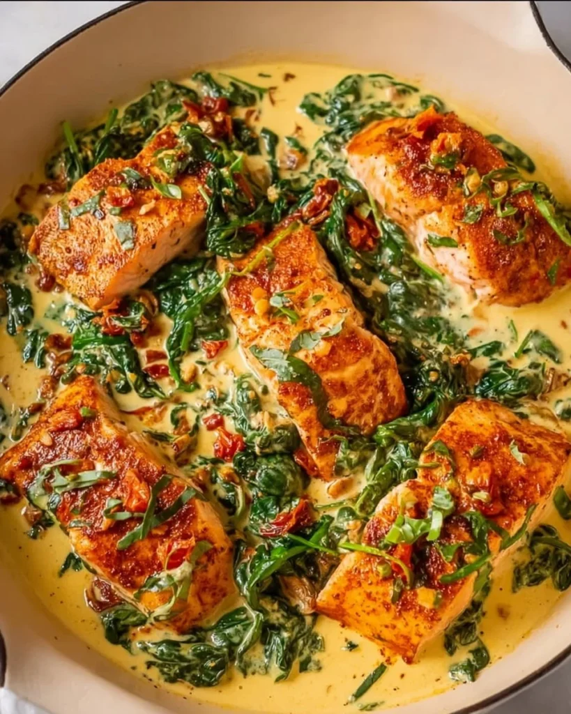 Creamy garlic Tuscan salmon served with fresh spinach on a plate