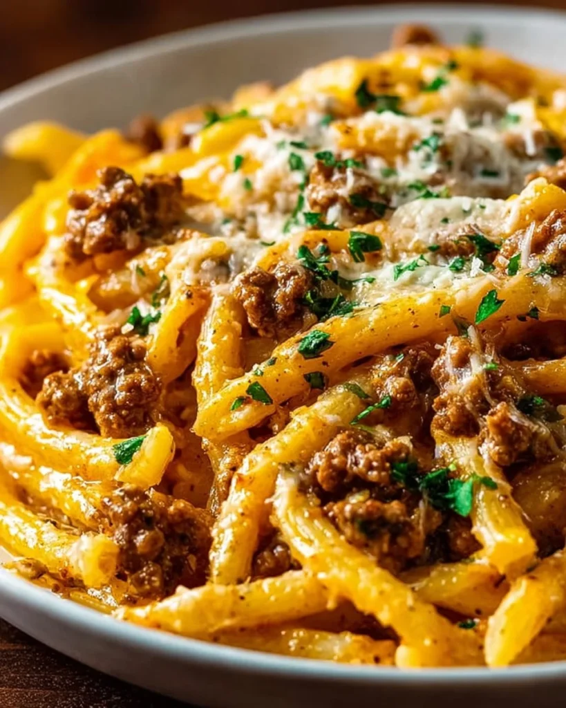 Creamy high protein beef pasta dish ready to serve.