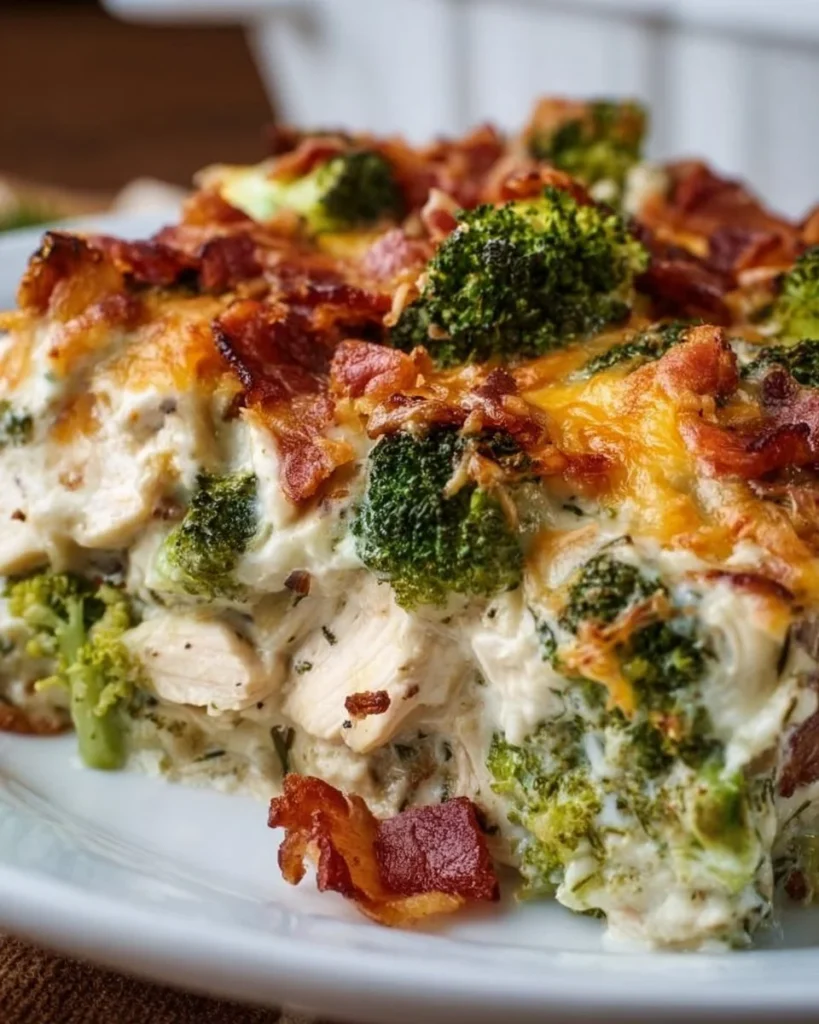 Creamy low carb chicken casserole topped with broccoli and bacon